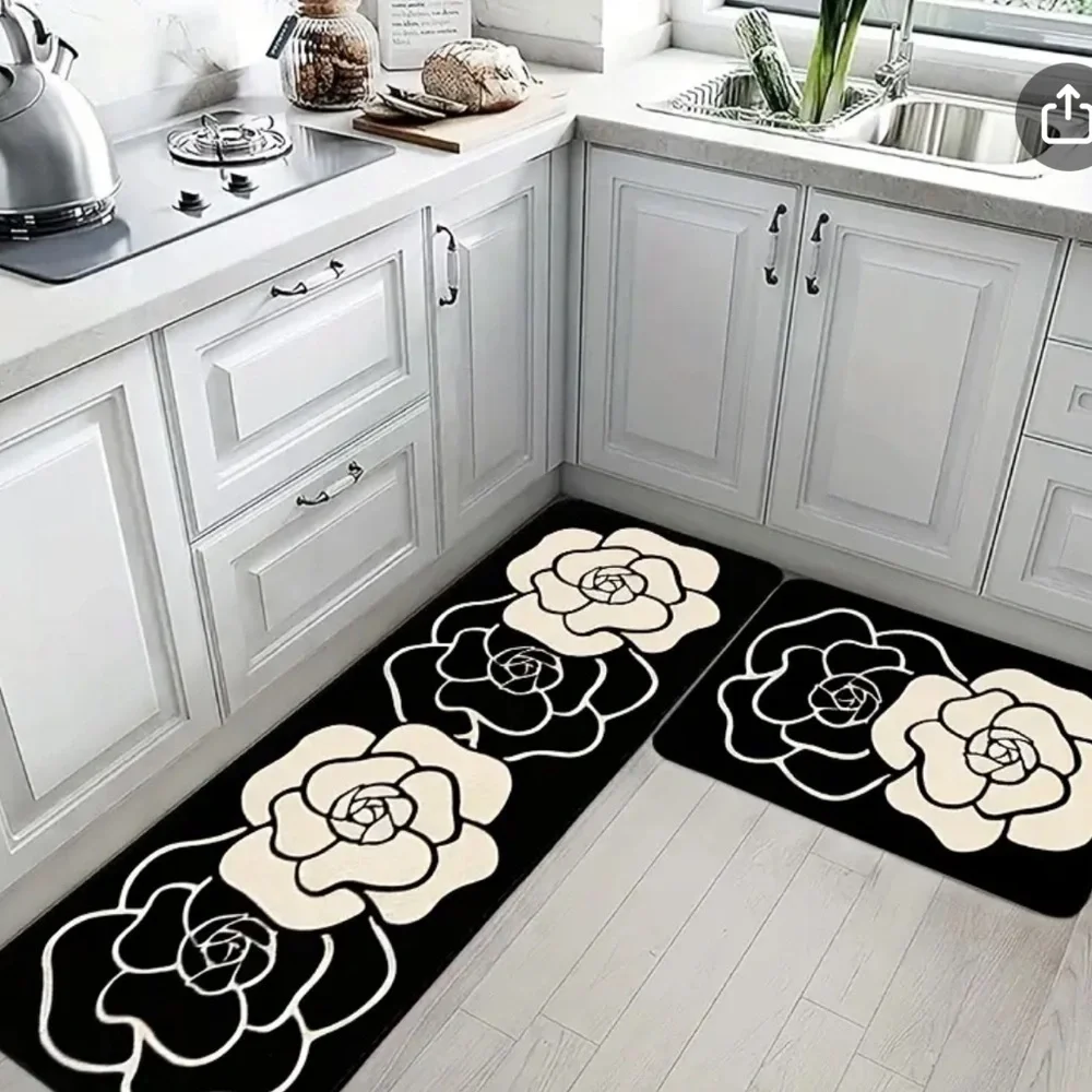 Elevate Your Space with Timeless Elegance: Black Cream Camellia flower rugs